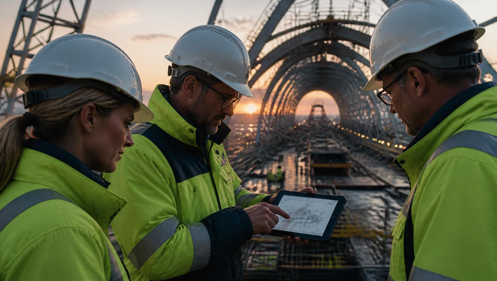 Engineers reviewing technical drawings on site during the construction of a major infrastructure project at dusk