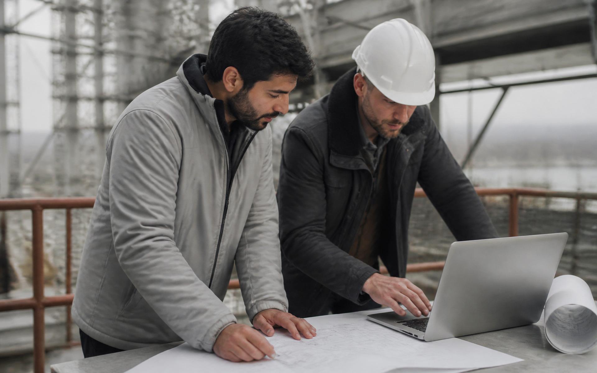 Two asBuilt IQ engineers reviewing technical drawings and a laptop together on a live infrastructure site